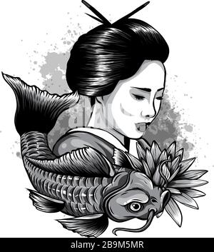 monochromatic Vector illustration of Japanese geisha feeding sacred Koi carps at autumn time. Stock Vector