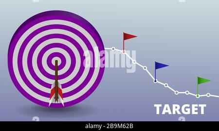 Vector realistic illustration with target financial goal concept.Growing graph and target as successful entrepreneurship metaphor. Growth strategy or Stock Vector