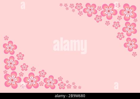 Vector blossom greeting card background with pink cherry or sakura flowers in flat style. Spring time illustration concept. Simple vector sign Stock Vector