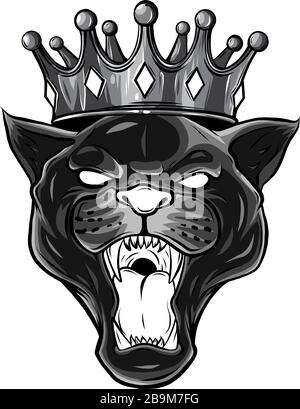 monochromatic Black panther with crown on his head and open mouth, on white background Stock Vector