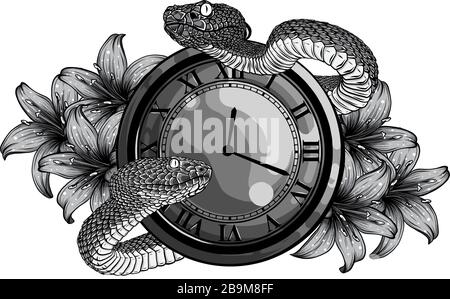 monochromatic Vintage pocket watch with leaves and snake Stock Vector