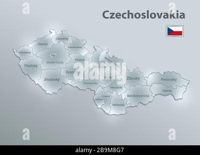 Czechoslovakia map, administrative division separates regions and names, design glass card 3D vector Stock Vector