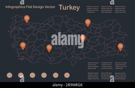 Infographics Turkey map outline, flat design, color blue orange vector Stock Vector