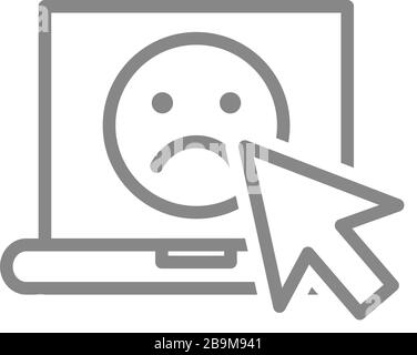 Laptop with sad face line icon. Customer unsatisfaction, negative feedback symbol Stock Vector