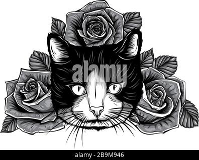 monochromatic cartoon fluffy cat with roses. Siamese cat with open eyes and flowers. Coloring book for adults and children. Stock Vector