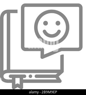 Book with happy face in speech bubble line icon. Good literature, best choise, positive feedback symbol Stock Vector