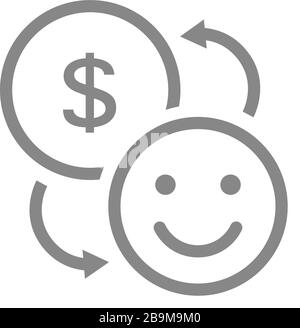 Exchange a happy face for a coin line icon. Happiness on money, positive feedback symbol Stock Vector