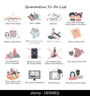 List of Daily Activities for Covid or coronavirus quarantine. Stay at Home concept, daily routine while Self Isolation. Vector infographic isolated on Stock Vector