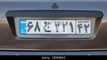 Close up of licence plate on a Saipa car in Kavirabad, Varamin, Tehran province, Iran, Middle East. Stock Photo