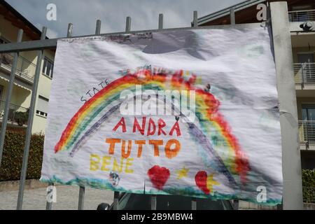 Pergine Valsugana, Italy. 24th Mar 2020. Most part of Europe is today on a sweeping confinement to try to slow down the spread of the Covid-19 Pandemic. A drawing with a rainbow and an hope message 'Everything Will Be Fine' (Photo by Pierre Teyssot/ESPA-Images) Credit: European Sports Photographic Agency/Alamy Live News Stock Photo