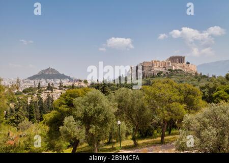 The Acropolis of Athens and the Church of St George on top of Mount Lycabettus. Stock Photo
