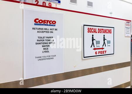 Sterling, USA - March 23, 2020: Sign in Costco discount membership club store during Coronavirus Covid-19 outbreak for social distancing and no return