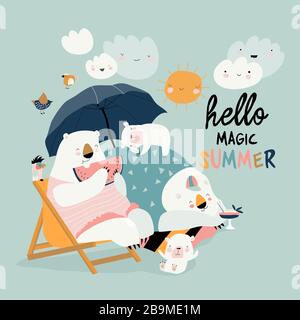 Cute polar bears family relaxing on the beach Stock Vector
