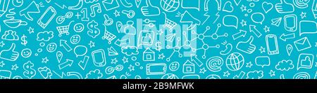 Seamless horizontal border with hand drawn social media elements on blue background. Internet technology print. Vector illustration. Stock Vector