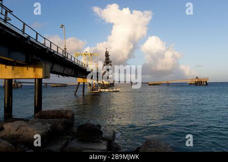 Salt pier conveyor to transport salt to ship loading Bonaire, Caribbean Stock Photo