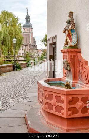 View along the river Alb and historical wells, Ettlingen, Baden Württemberg, Southern Germany Stock Photo