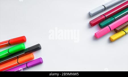 Multicolored Felt Tip Pens isolated on white background. Art, Creativity paper sheet. basic set of colorful felt tip pens. Hobby concept. free time Stock Photo