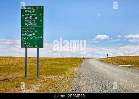 Goose Green, New Haven, North Arm, San Carlos, Blue Beach, Ajax Bay, Race Point, Darwin, Road Sign, Falkland Islands, East Falkland, Falklands Stock Photo