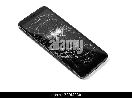 Mobile smartphone with broken screen isolated on white. Stock Photo