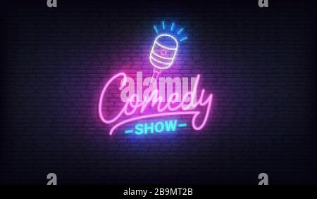 Comedy show neon template. Comedy lettering and glowing neon microphone Stock Vector