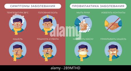 Постер по профилактике и симптомам простудных заболеваний и Коронавируса COVID-19 на русском языке Stock Vector