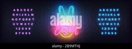 Easter neon template. Glowing label for Easter and alphabet Stock Vector