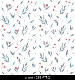 Abstract floral pattern with grey leaves and red berries,  isolated on a white background Stock Photo