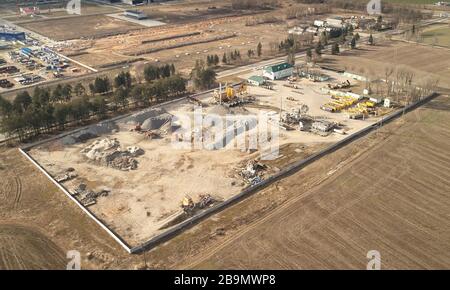 Cement manufacturing factory above top drone view Stock Photo