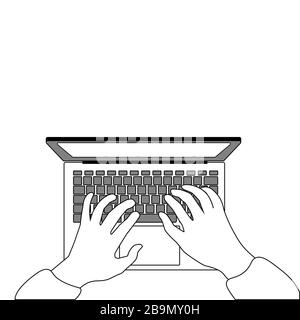 Working from home or remotely: hands typing on laptop. Digital drawing can be used in greeting cards, posters, flyers, banners, logos, web design, etc. Vector illustration. EPS10 Stock Vector