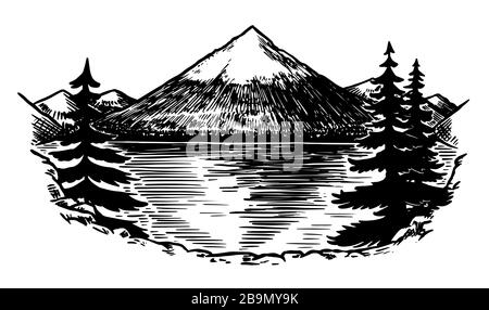 Mount Fuji. Volcano in Japan. Mountains peaks, vintage rock, old highlands range. Hand drawn vector outdoor sketch in engraved style. Template for Stock Vector