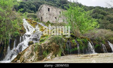 abandoned old stone structure - architecture watermill in historical souli village Paramythia epirus greece thesprotia Stock Photo