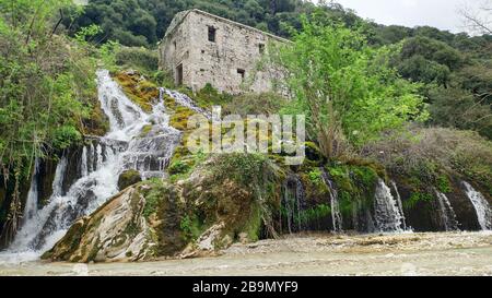 abandoned old stone structure - architecture watermill in historical souli village Paramythia epirus greece thesprotia Stock Photo