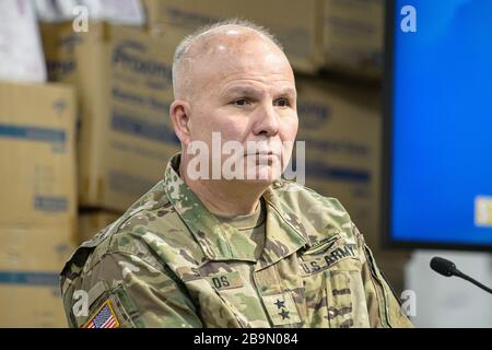 New York, USA. 24th Mar, 2020. Major General Raymond Shields, Commander of the New York Army National Guard, is seen during a press conference at the newly-established hospital site that will be used to treat COVID-19 patients at the Javits Center in New York, NY, USA on March 24, 2020. (Photo by Albin Lohr-Jones/Sipa USA) Credit: Sipa USA/Alamy Live News Stock Photo