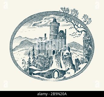 Hand draw old castle stock illustration. Illustration of tourism - 81286249