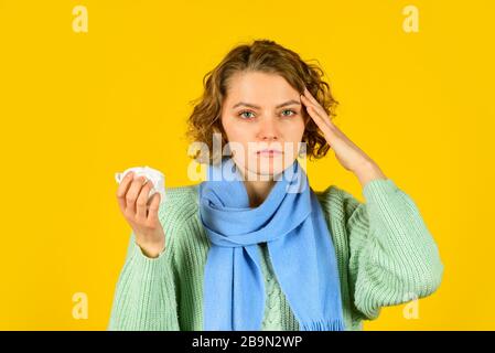 Coronavirus outbreak concept. Symptoms of disease. runny nose caused by illness. ill with laryngitis. Acute respiratory viral. sick woman with runny nose. influenza infection and pneumonia. Stock Photo