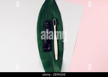 Bamboo wooden brush and toothpaste in a metal tube on a natural palm green sheet on a blue and pink pastel background. The concept of caring for nature, rejection of plastic. Stock Photo