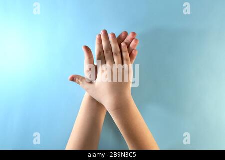 Phase 1 of hand processing in antiseptic. The area of the inner side of the palms. Stock Photo