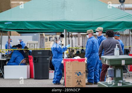 New Orleans, LA/USA - 3/21/2020: Corona Virus Drive Thru Testing at Mahalia Jackson Auditorium in New Orleans, LA, USA Stock Photo