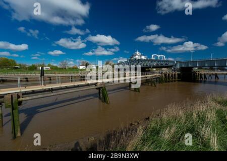 Sutton Bridge, Lincolnshire, UK, April 2014, Sutton Bridge Historic Crosskeys Swing Bridge over the River Nene Stock Photo