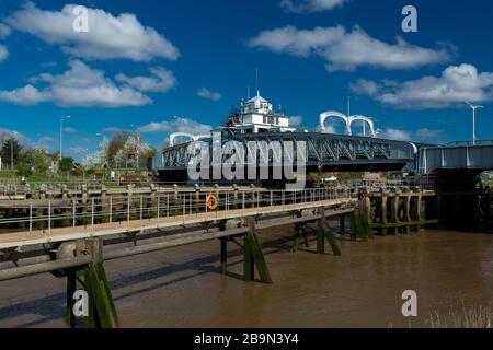 Sutton Bridge, Lincolnshire, UK, April 2014, Sutton Bridge Historic Crosskeys Swing Bridge over the River Nene Stock Photo