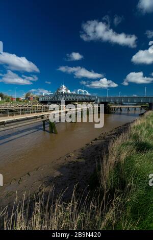 Sutton Bridge, Lincolnshire, UK, April 2014, Sutton Bridge Historic Crosskeys Swing Bridge over the River Nene Stock Photo