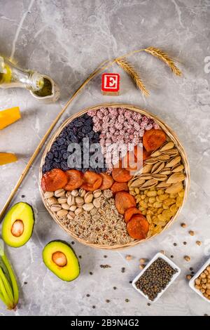 Food sources of vitamin E, high in antioxidants, anthocyanins, minerals and fiber, The concept of healthy food for brain and heart, healthy lifestyle Stock Photo