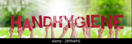 People Hands Holding Word Handhygiene Means Hand Hygiene, Grass Meadow