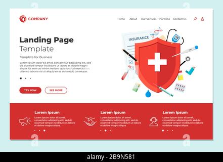 Medical insurance or immune system concept landing page design template. Red shield on patient protection policy with medicine pharmacy drugs and preparations. Vector medical website eps illustration Stock Vector