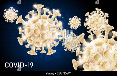 Blue shiny molecules of coronavirus on dark blue background. Stock Vector