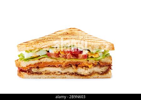 Slice of juicy club sandwich on white Stock Photo
