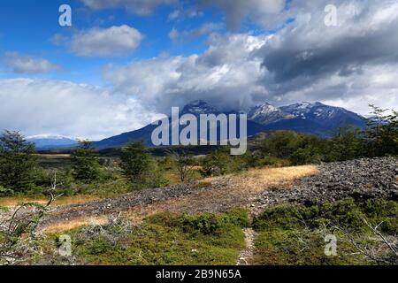 View over Cerro Mocho o La Hoya and Mount Campana near Puerto Natales city, Patagonia, Chile, South America Stock Photo