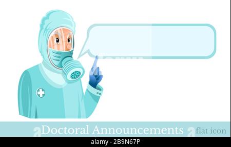 Flat vector illustration. Doctor clothed in protection suit and gas mask with speech bubble beside. Stock Vector