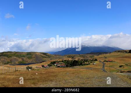 View over the village of Estancia Puerto Consuelo, Puerto Natales city, Patagonia, Chile, South America Stock Photo