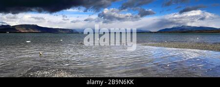 View over the Gulf of Admiral Montt, Puerto Natales city, Patagonia, Chile, South America Stock Photo